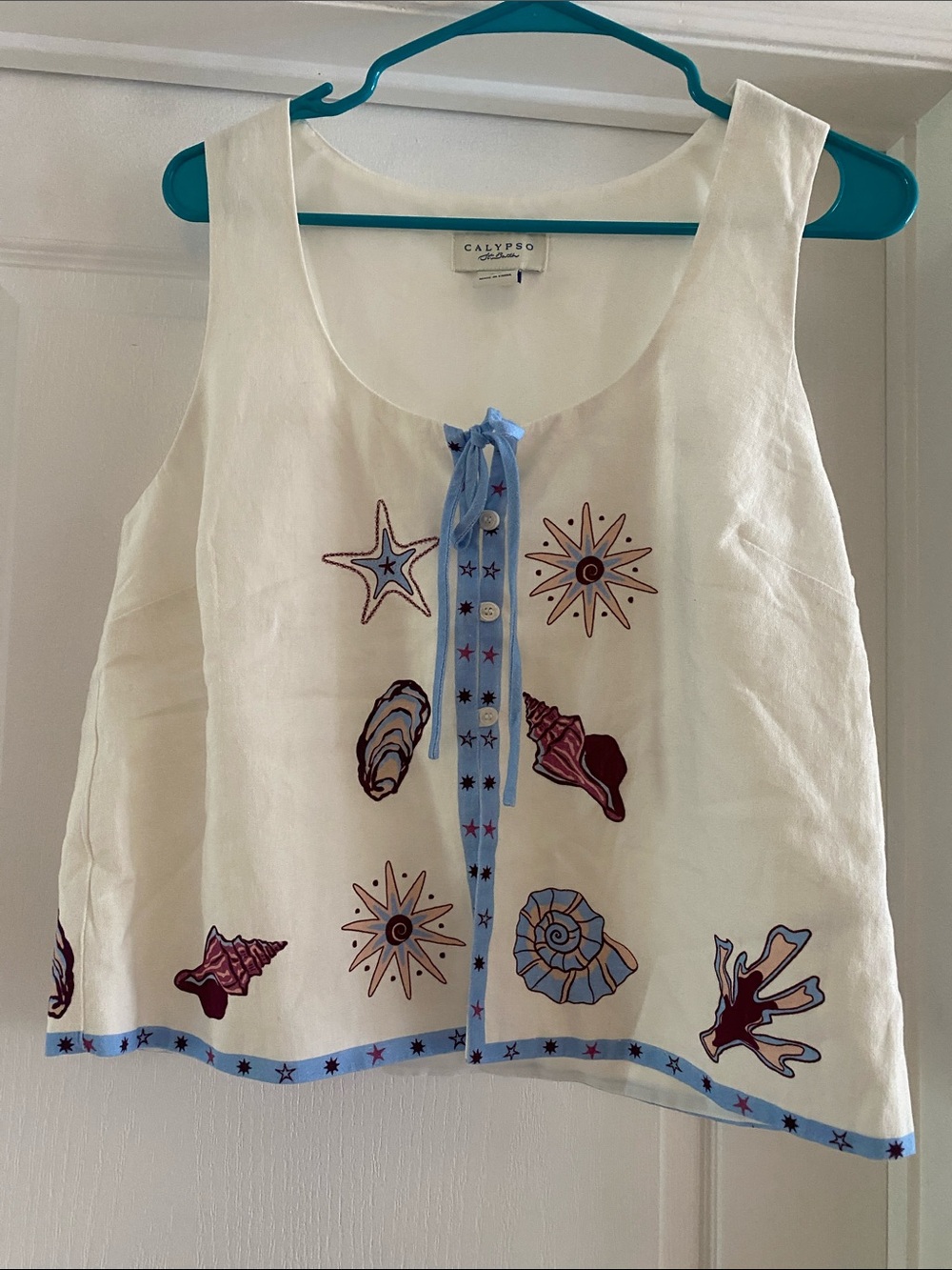 Calypso St. Barth White Linen Shell Tank with Blue & Purple One of a kind